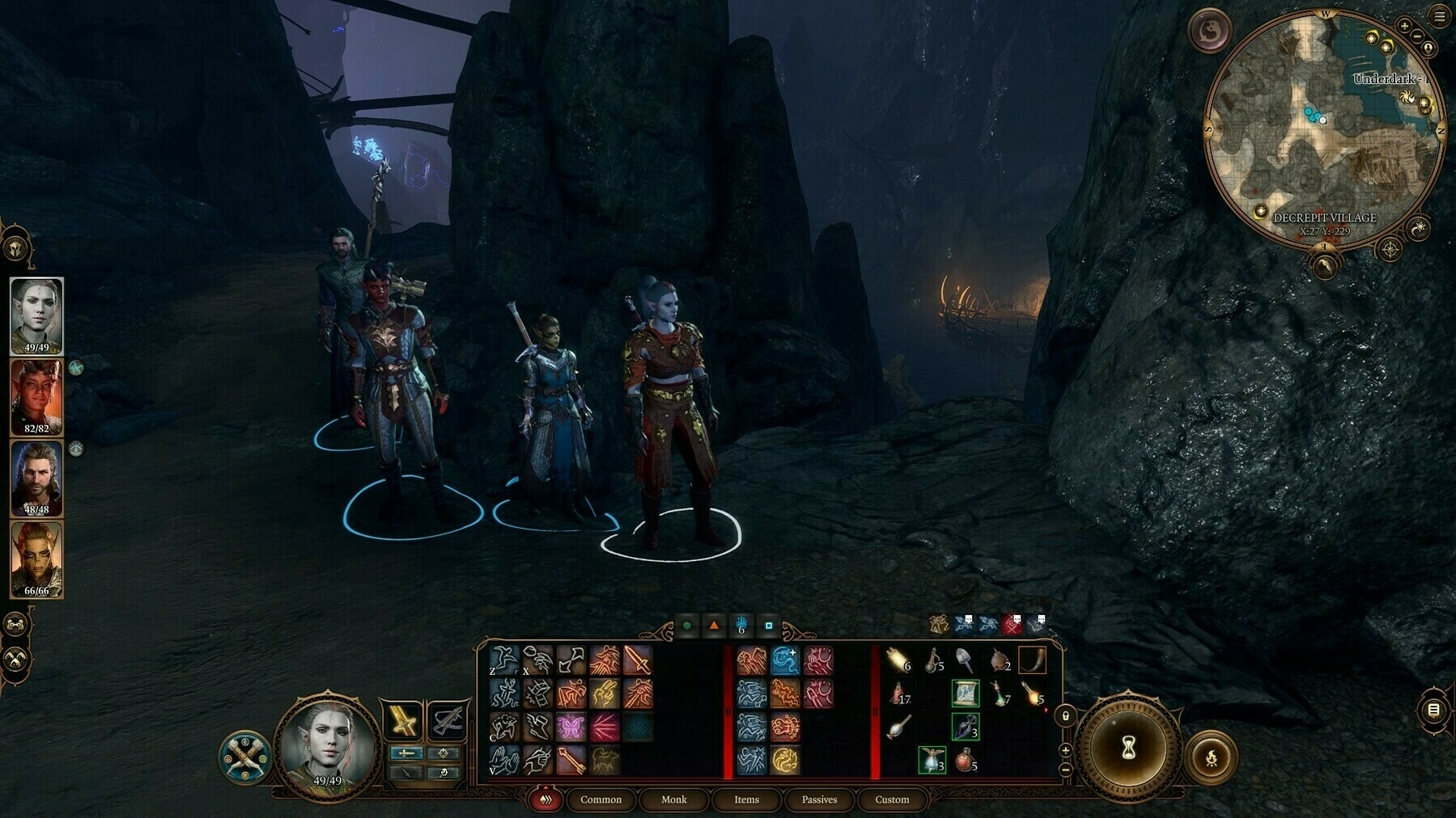 Chi's character leading a 4-member party, with the following members included: a Githyanki Warrior named Lae'zel, a Barbarian tiefling named Karlach, and a Warlock named Gale. Their party is found in some dark depths. The game interface is also visible and expanded, showing Chi's numerous options and items that are ready to use.