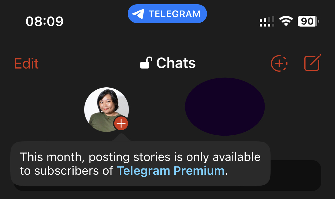 Telegram’s top bar showing the usual Stories interface, with the person’s avatar and a plus icon encouraging the user to add a story, but also with a note showing that the feature this month is only available to Telegram Premium subscribers.