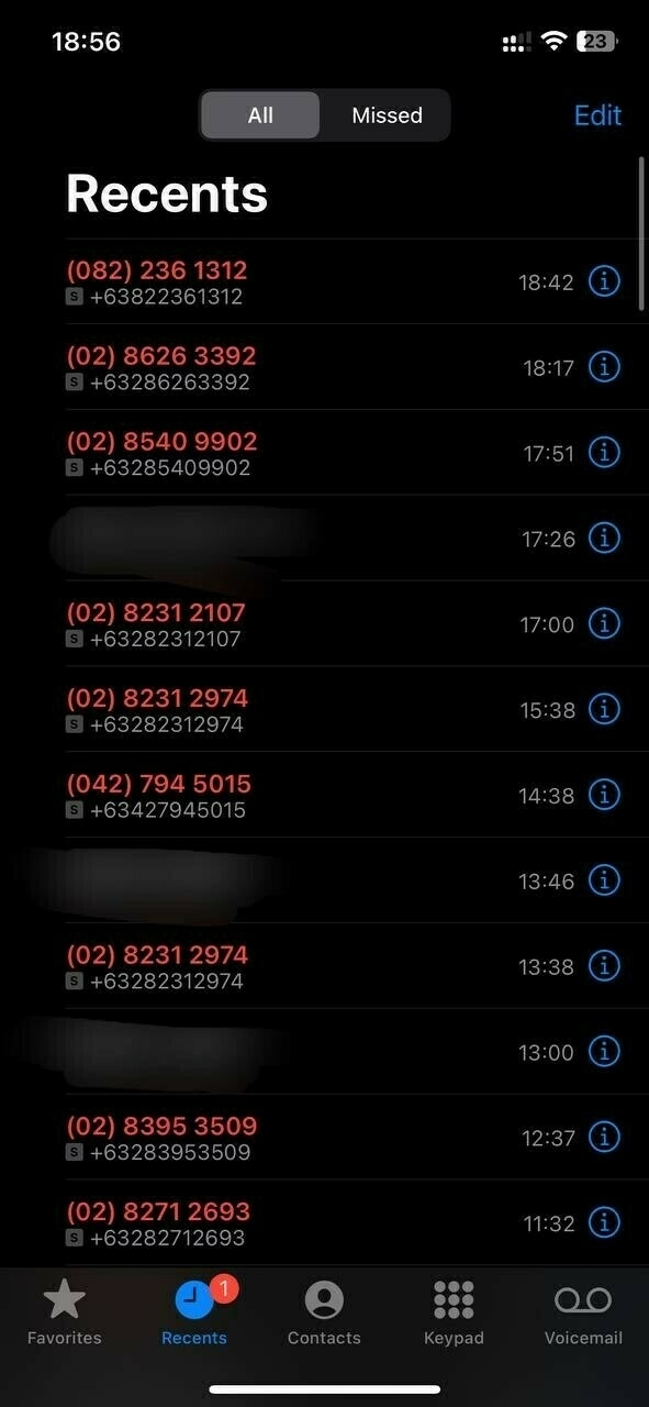 screenshot of Chi's Recent calls list, showing a slew of missed calls from unknown callers or numbers.