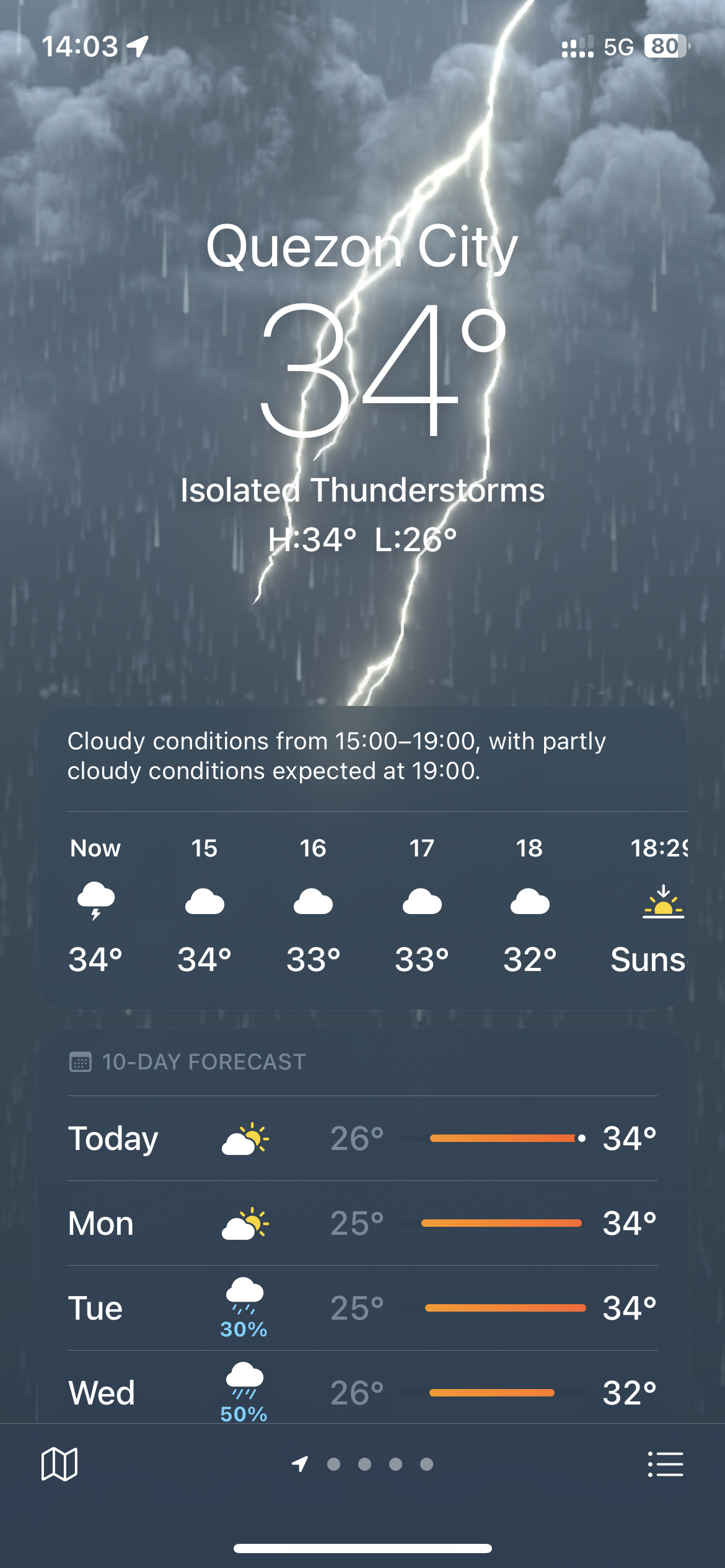 screenshot of the iOS Weather app, showing that the current temperature is 34 degrees Celsius in Quezon City, with isolated thunderstorms.