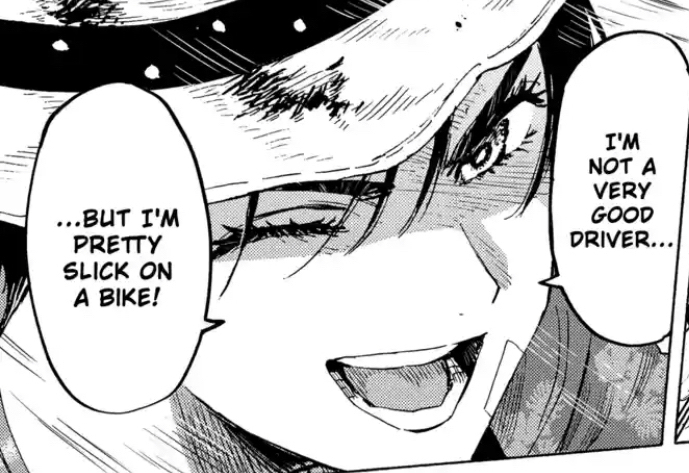 Snippet from the manga MARRIAGETOXIN Chapter 58 where Chinatsu winks and smiles to someone else (off-frame) and tells them, “I’m not a very good driver… …but I’m pretty slick on a bike!