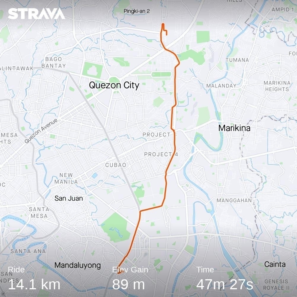 An overview of Chi's Strava ride to Quezon City. The ride was 14.1 kilometers long, with an elevation gain of 89 meters. Her total moving time was 47 minutes and 27 seconds.