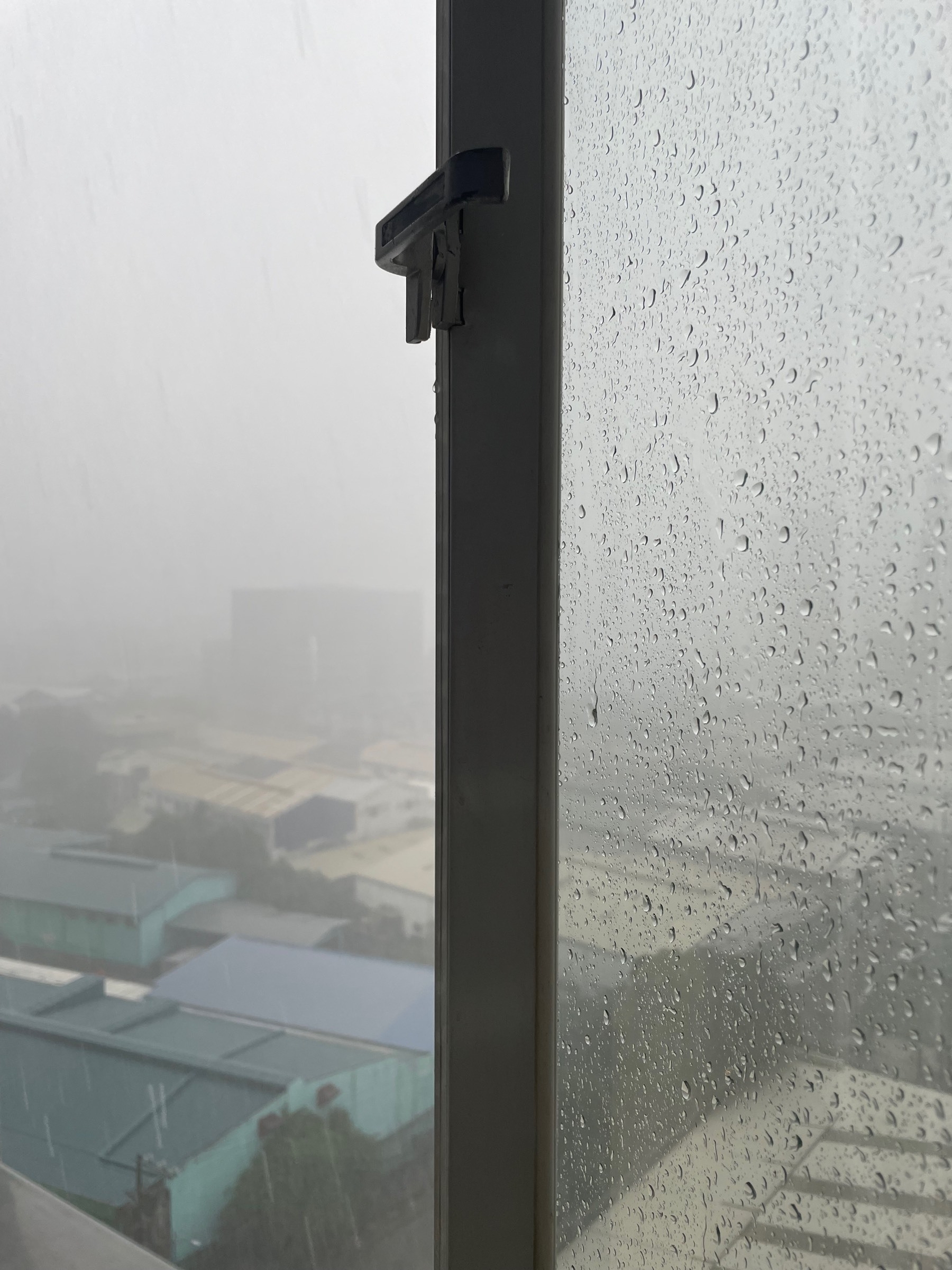 View outside of Chi's window. The rain is pouring, with a foggy outlook the farther you look out. The window pane is aligned to the middle of the picture as a way to frame the outside—seen to the left side portion of the photo—with the right side of the photo, which is the glass of the window pane. There are rain droplets seen on the glass.