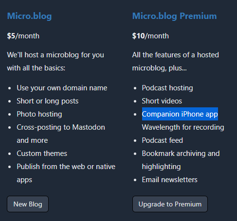 screenshot of the Micro.blog plan tiers. Under the Micro.blog Premium plan column, the phrase "companion iPhone app" is highlighted.