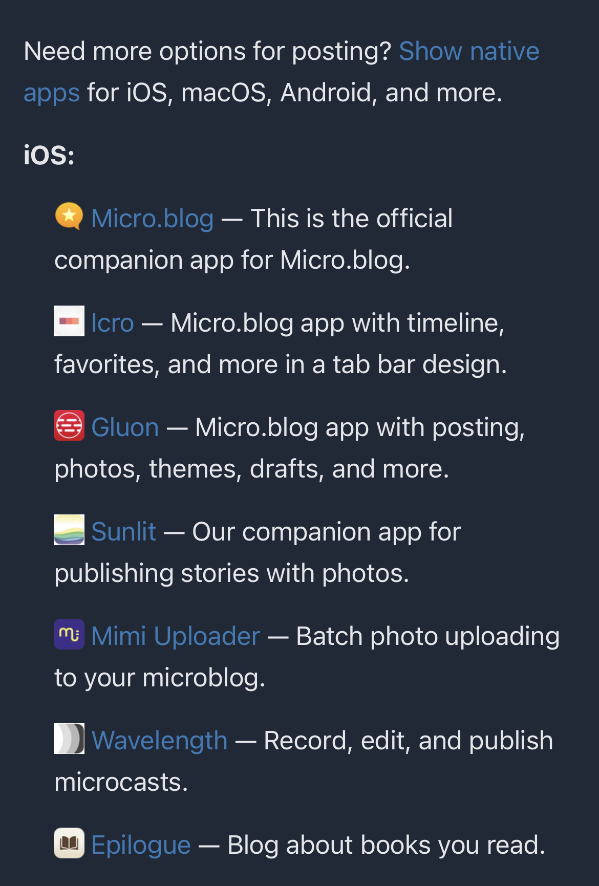 Screenshot of available iOS apps for micro.blog posting