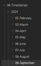 Screenshot of Chi's Obsidian folder labeled '06 TImestamps', which shows a directory for the year 2024, then inside it are folders from February to September without missing a month in between them.