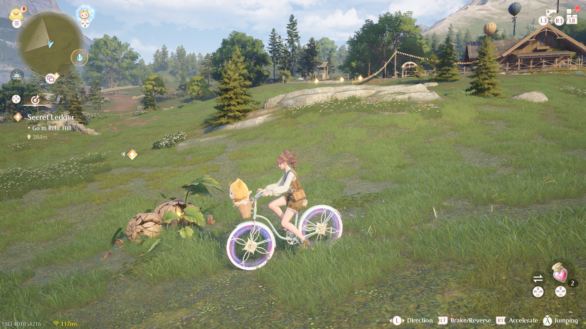 Screenshot of the game Infinity Nikki, with the girl character riding a city bicycle around the hills in the game, with a cat humanoid character standing in the front basket.