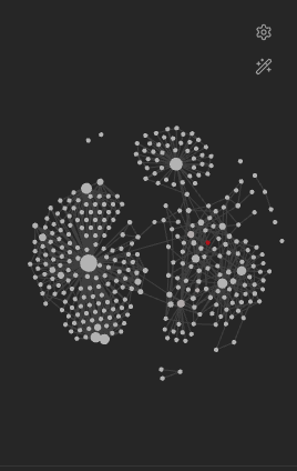 Screenshot of Chi’s Obsidian Vault graph, showing the nodes clumping up together to seemingly form the landmasses one could see on a globe. One node is highlighted red because that’s the note Chi currently has opened.