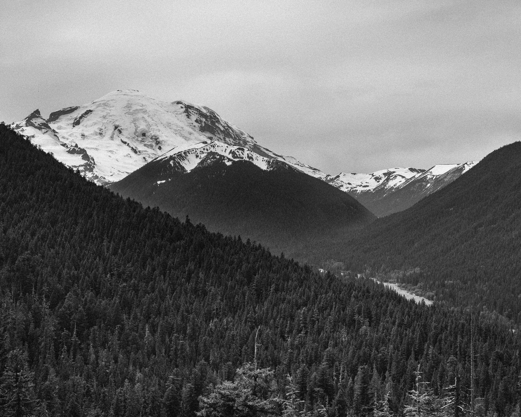 A black and white photo looking over a valley. The bottom of the valley has a small river running through it. The walls of the valley are dense with trees, to the point that it can be difficult to discern them. As you look towards the tops of the valleys, they fade from trees into snow and ice capped peaks filled with texture. The sky is overcast and blotchy.