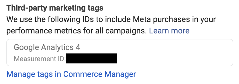 A screenshot from Meta Ads Manager showing a third-party marketing tags section at the bottom of the ad creation pane with a Google Analytics 4 measurement tag autofilled from Commerce Manager settings.