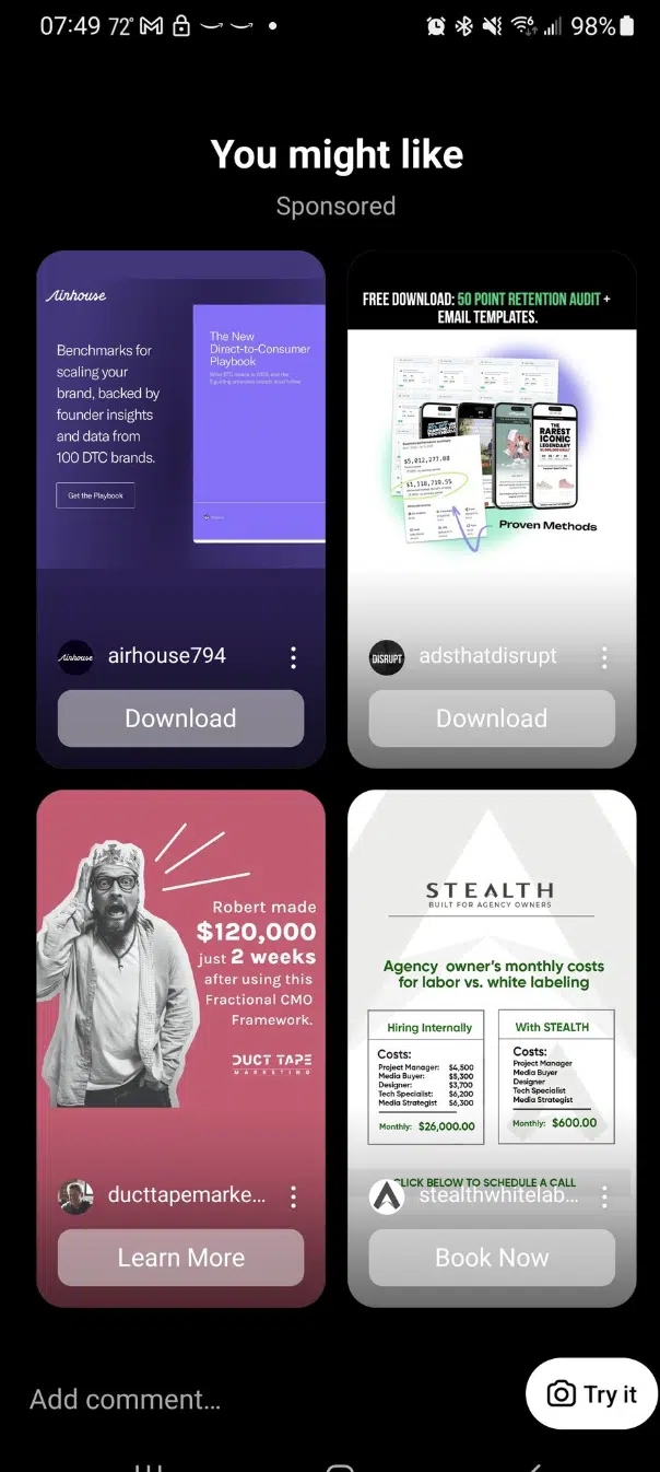 A screenshot showing a multi-advertiser ad in Instagram Reels with 4 different brand’s ads on one screen and CTA buttons for each ad