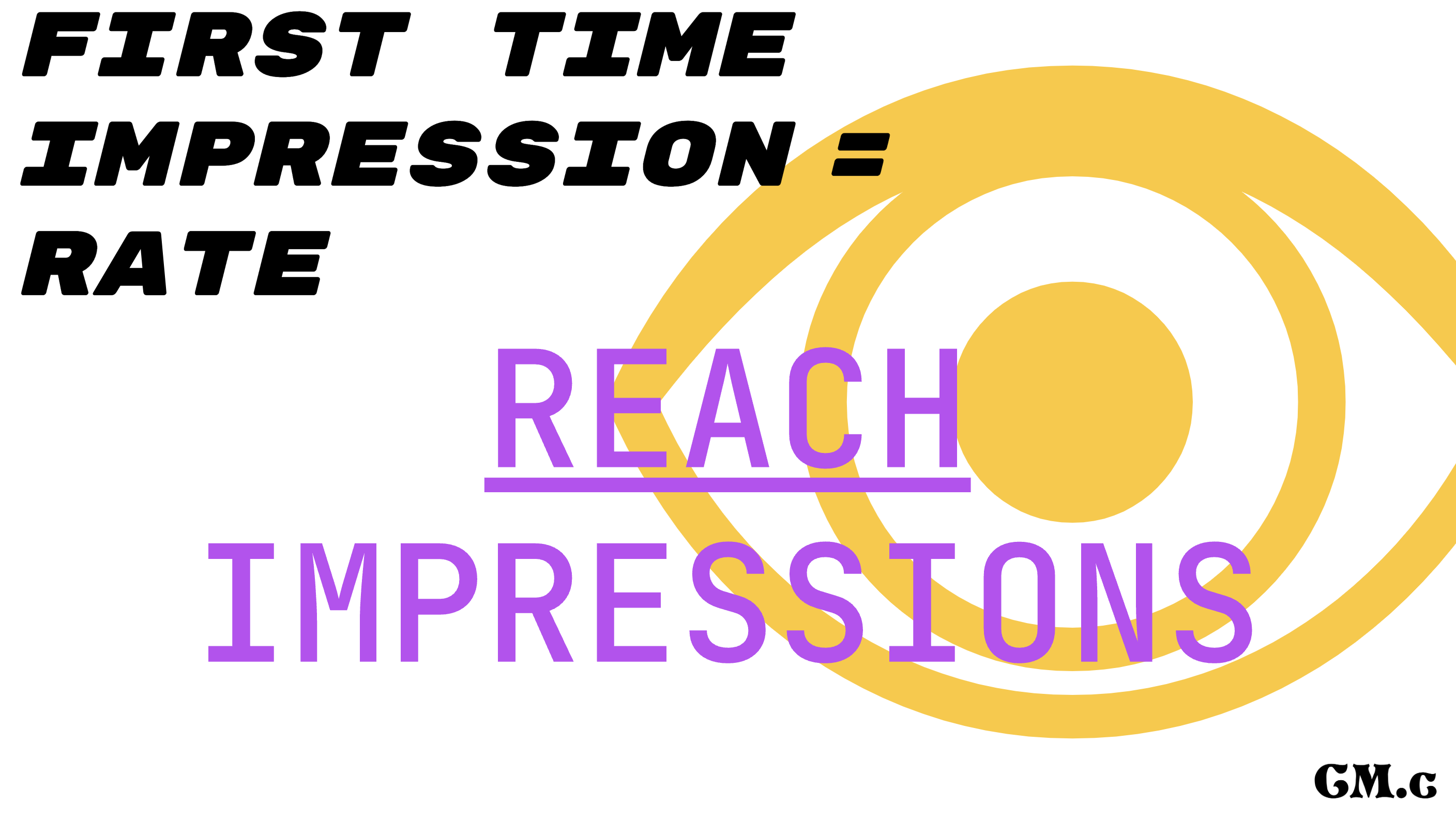 the first time impression ratio formula of reach divided by impressions over a yellow outline emoji eye background