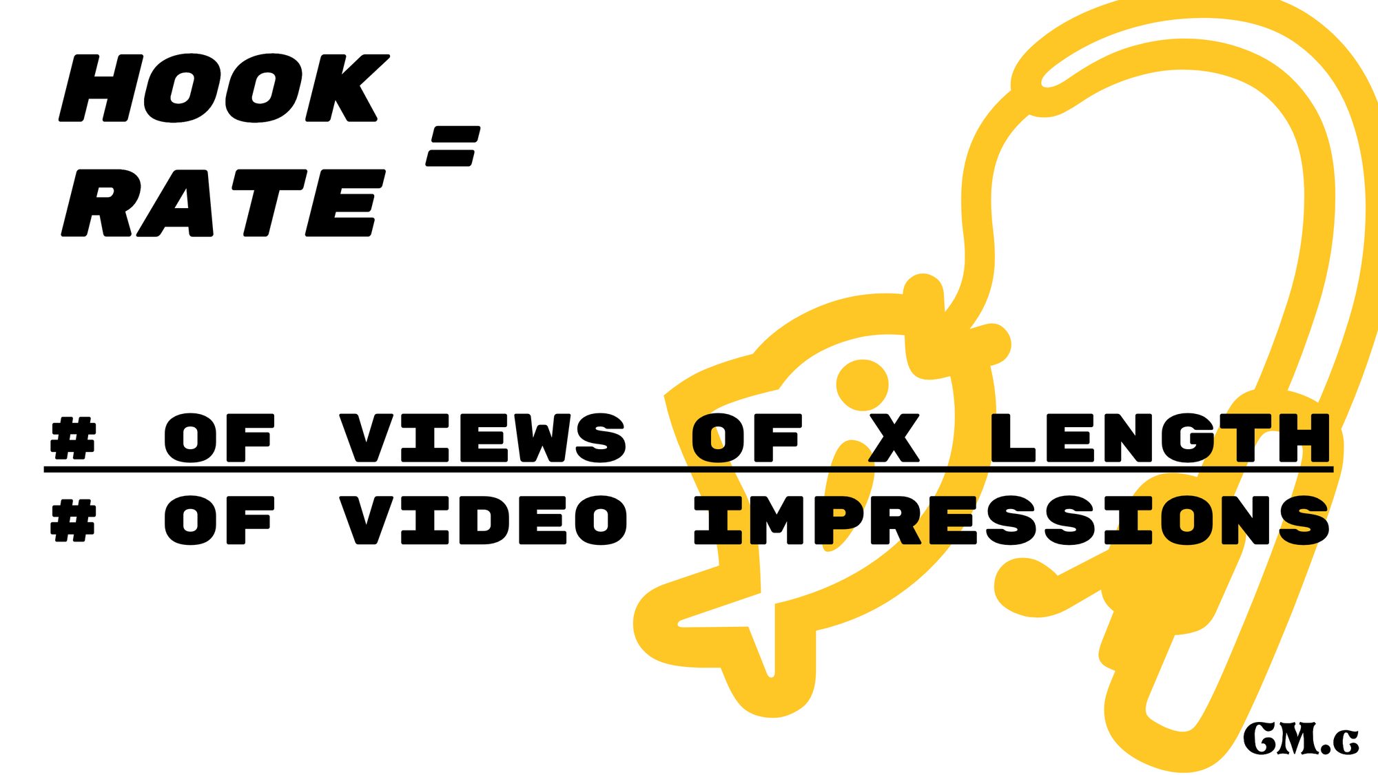 the equation Hook rate = # of views of X length / # of impressions for the video overlaid on an emoji of a fish hooked on a fishing pole