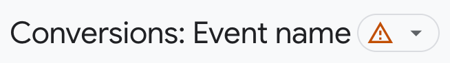 A screenshot of the Google Analytics 4 interface showing the header "Conversions: Event name" with a red triangle around an exclamation point next to it.