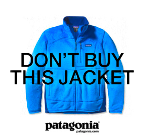 a picture from a Patagonia black friday ad of a bright blue jacket on a white background with text overlaid on top that says "don't buy this jacket"