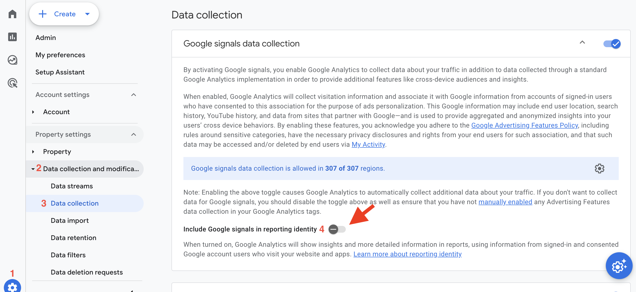 A screenshot of the GA4 interfacing showing the Google Signals Data Collection pane with the toggle to disable including the data in reporting.