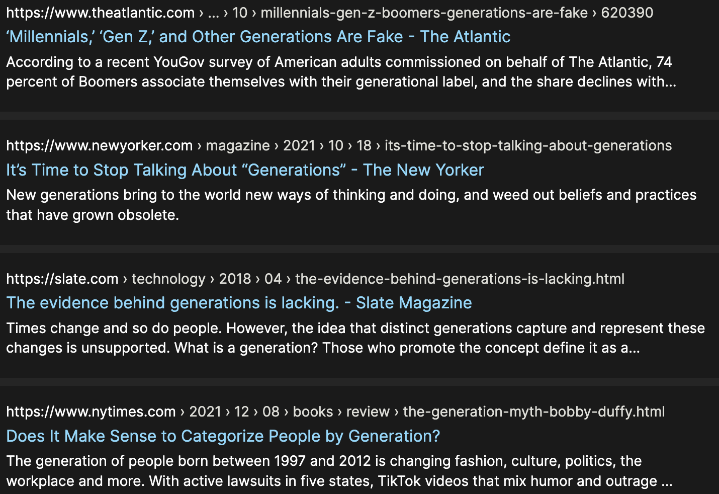 A screenshot of search results (in dark mode) showing 4 search results, all of headlines saying essentially that generations are fake.