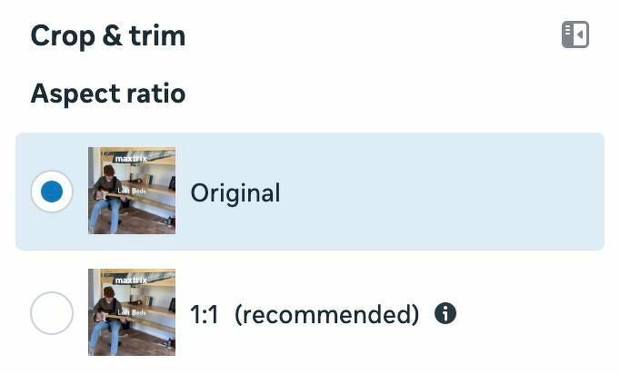 A crop and trim menu displays options for aspect ratios with 1:1 labeled as recommended