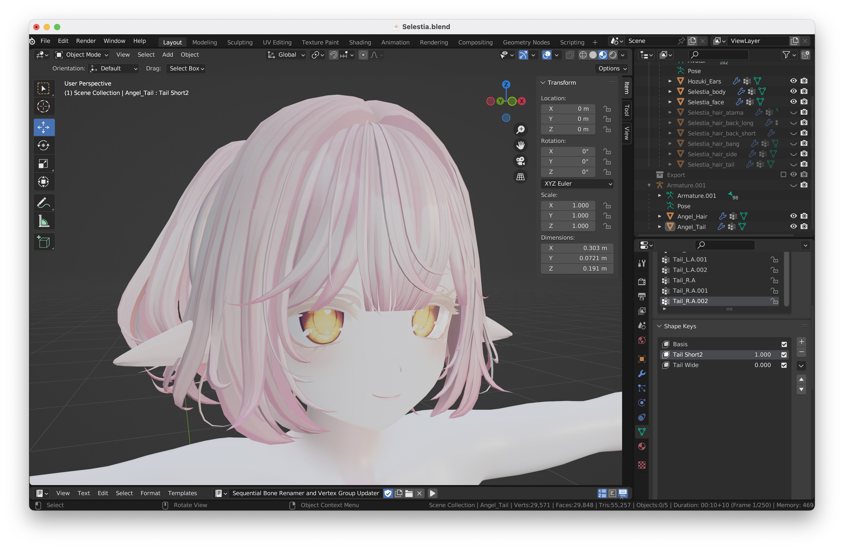 A screenshot of Blender showing my VRChat avatar. My long hair has been replaced with cute short hair! The hair has not been integrated with my avatar yet, and the scene statistics have lots of big numbers, so it’s clear that I’ve only loaded the hair in—there’s still more work to be done before I can actually upload this to VRChat!