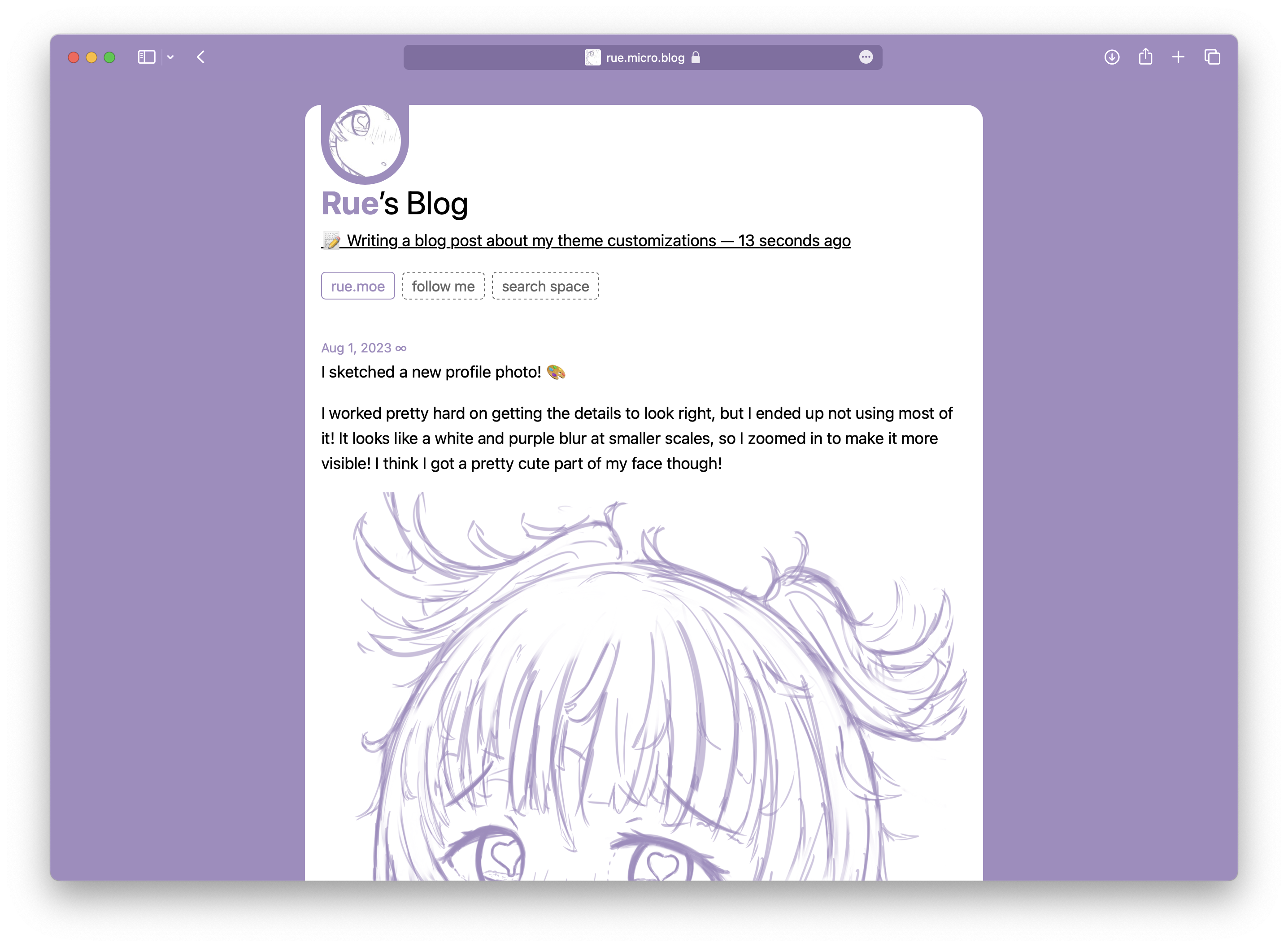 A screenshot of my blog! The background is purple, and it extends all the way up to the browser chrome. The main body is white,  and forms a strip at the middle of the screen. My profile picture shows up in a little cut-out at the top.