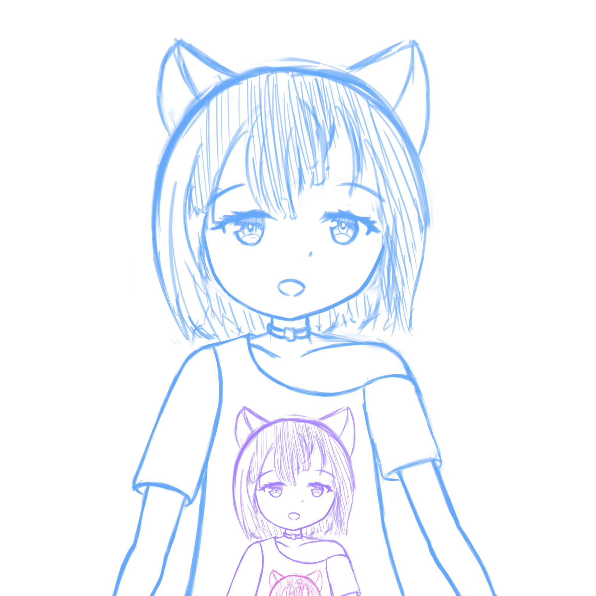 A sketch of my friend’s VRChat avatar. My friend has cat ears and usually wears a t-shirt with a graphic on it. For this sketch, I copied the whole sketch and pasted it on the t-shirt.