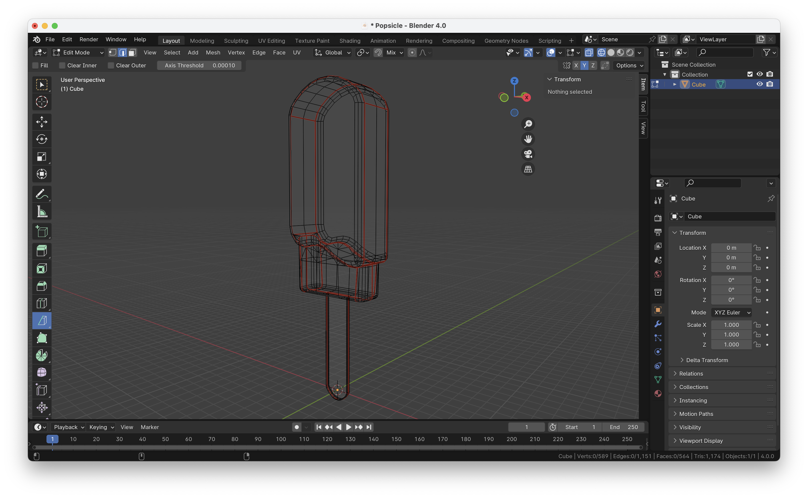 A screenshot of the modeling program Blender showing the ice cream from the VRChat photo. It is in wireframe mode, and you can see that some of the edges are colored red.