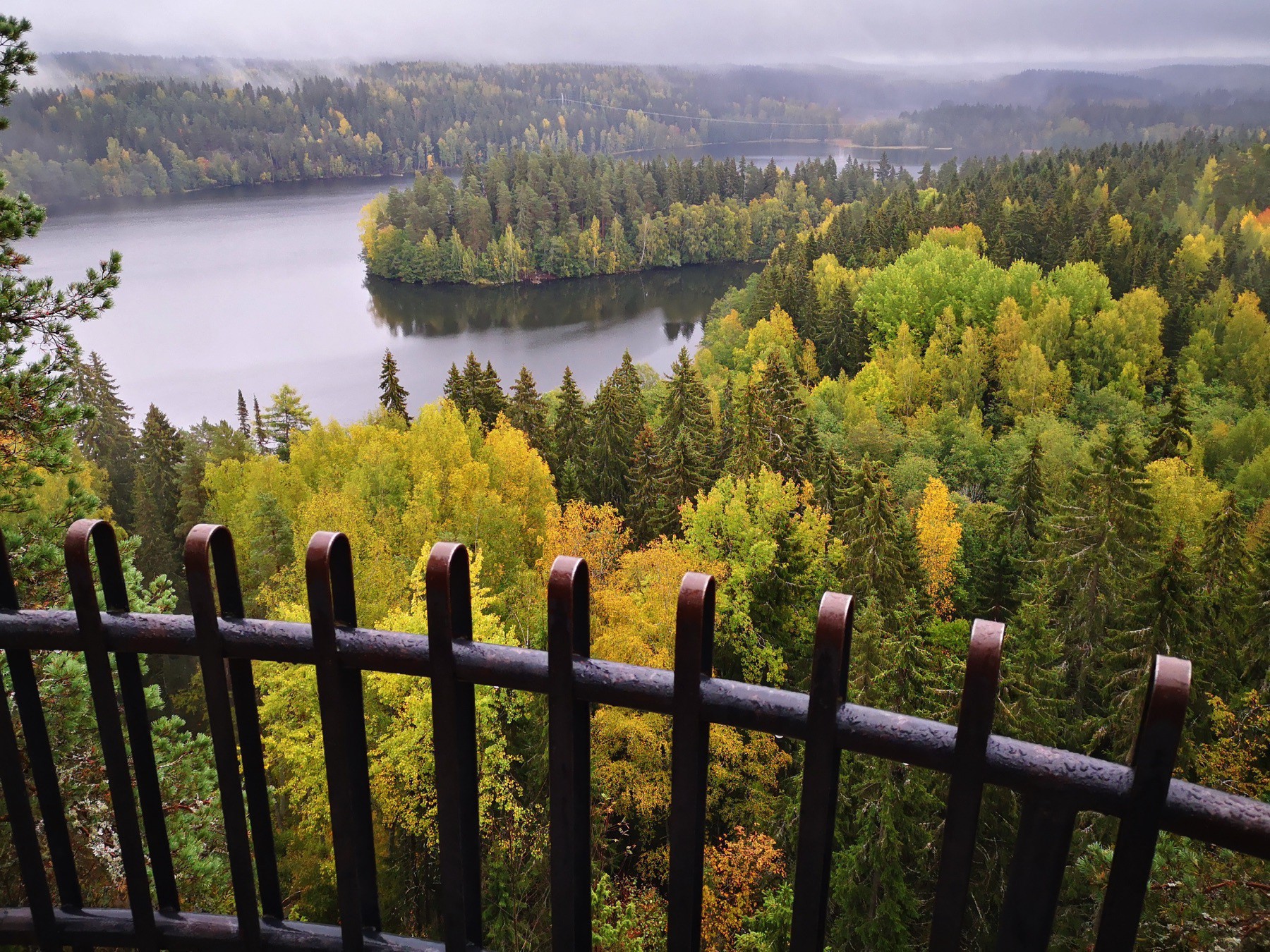 View over a lake in Southern Finland with some fog and fall foliage