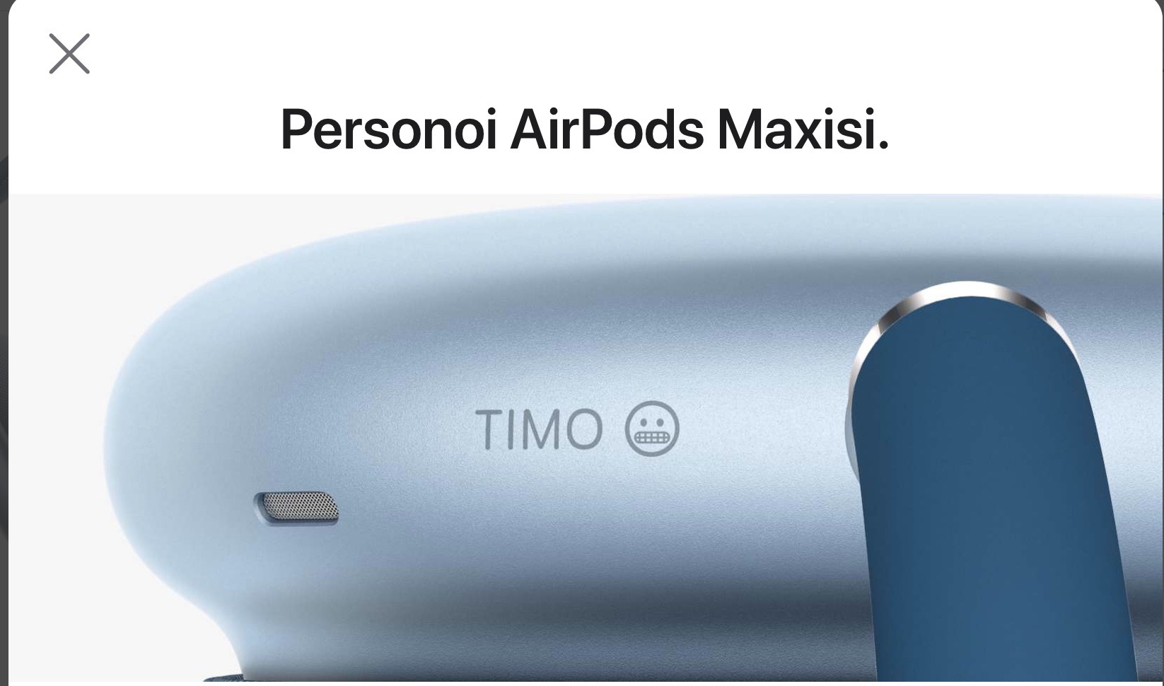Airpods Max personalization page with text “Timo” and a grimacing emoji