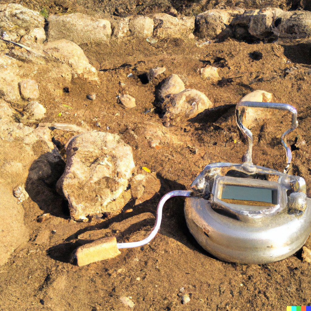 desert sand, rocks and an unrecognizable computing device, generated with dall-e prompt “ancient mysterious device waking up among ruins found by future archaeologists “
