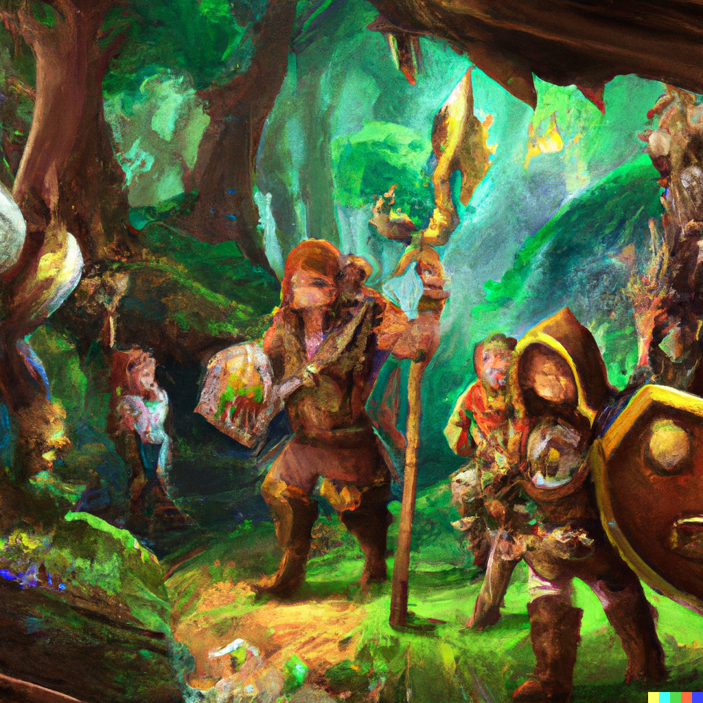 colourful painting of a group of heroes in a fantasy land
