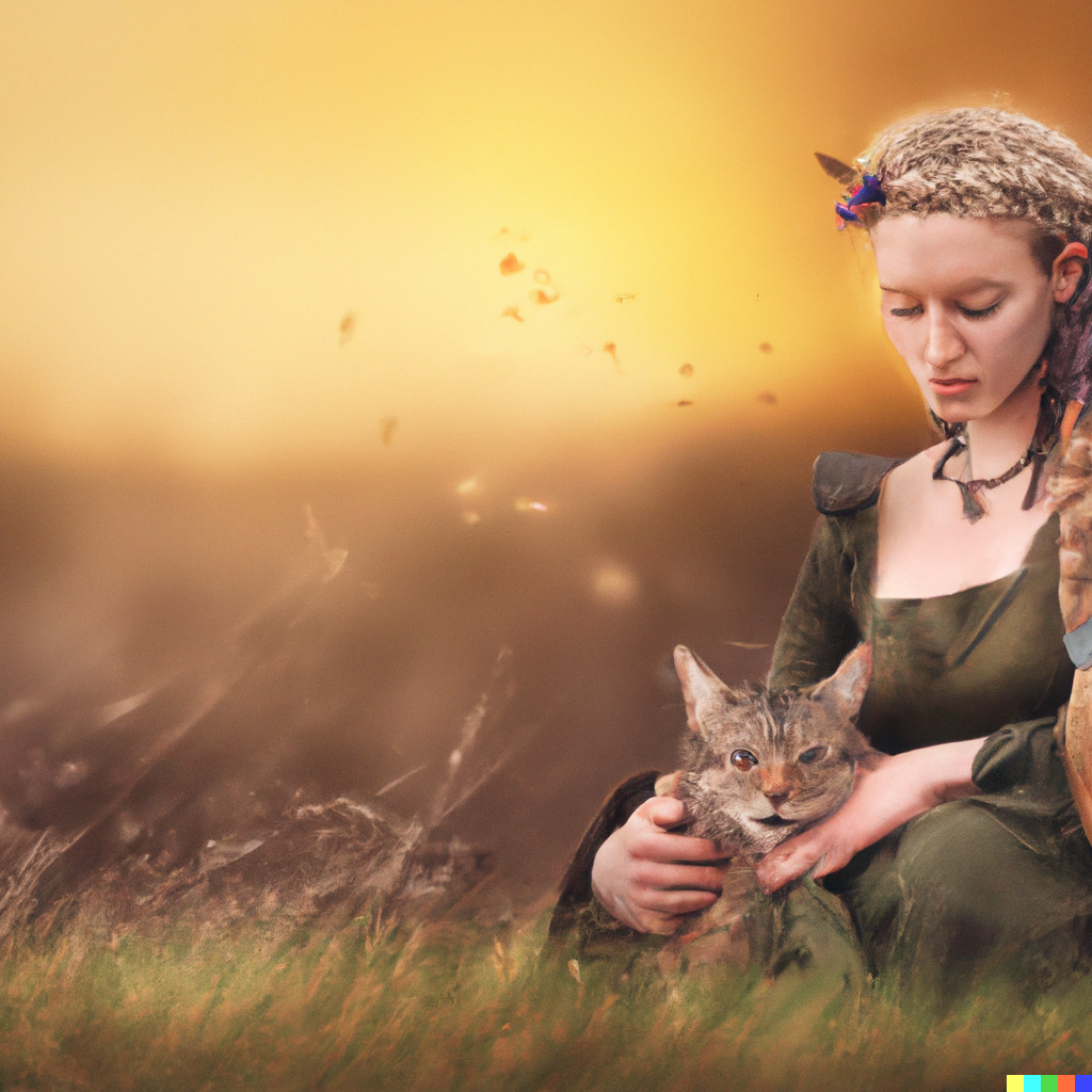 a glowy AI generated photo of a caucasian woman petting their cat