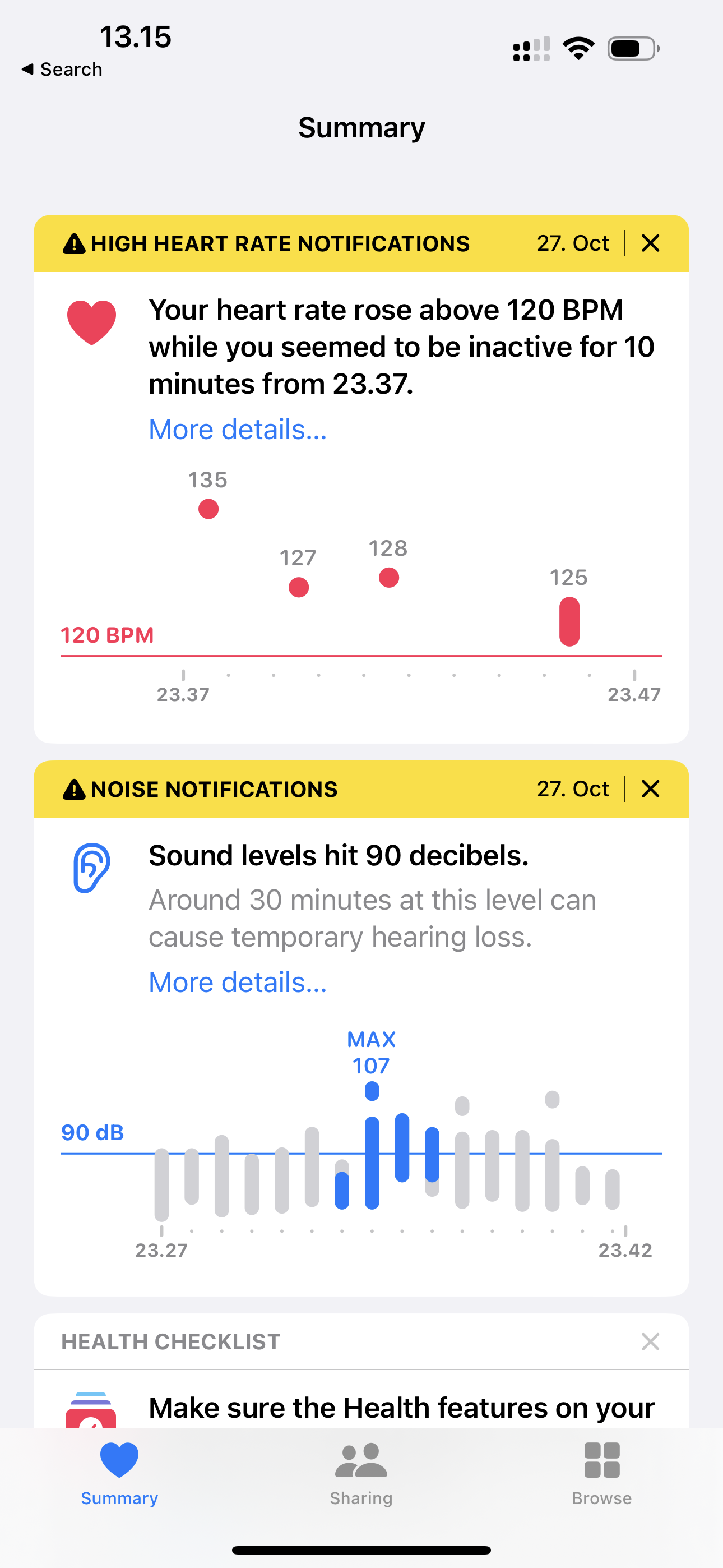 Apple health warning about raised heart rate and high level of ambient noise