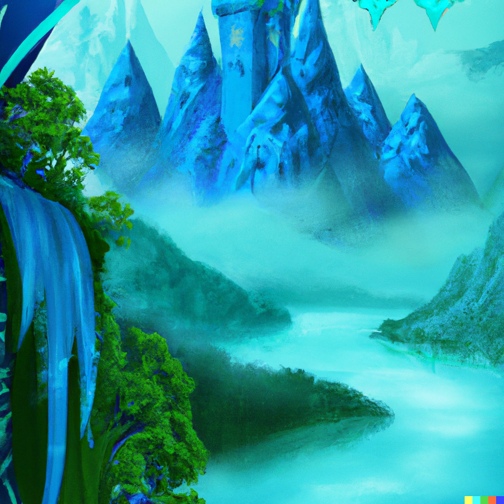 book cover of fantasy novel with mountains and a river