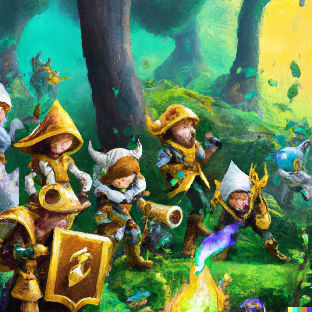 colourful painting of a group of heroes in a fantasy land