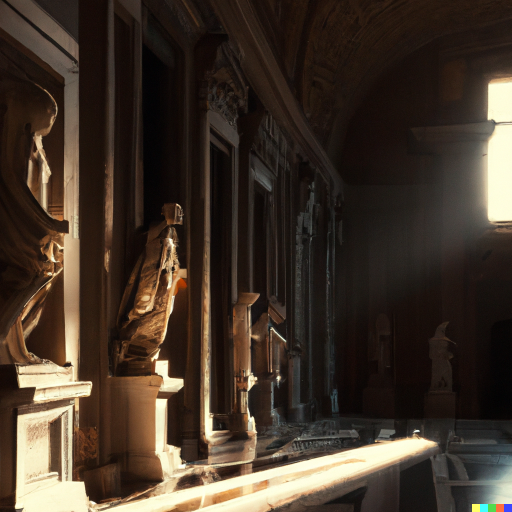 ML generated image of the gigantic room full of classic statues