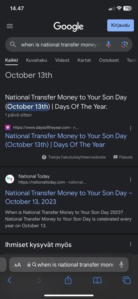 screenshot of Google search for ”National Transfer Money to Your Son day”