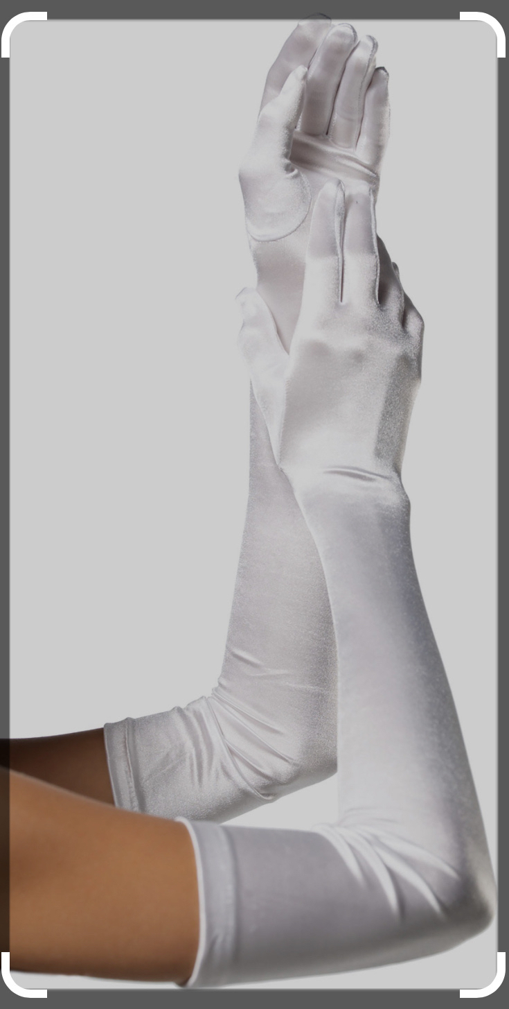 White satin opera gloves that go above elbow