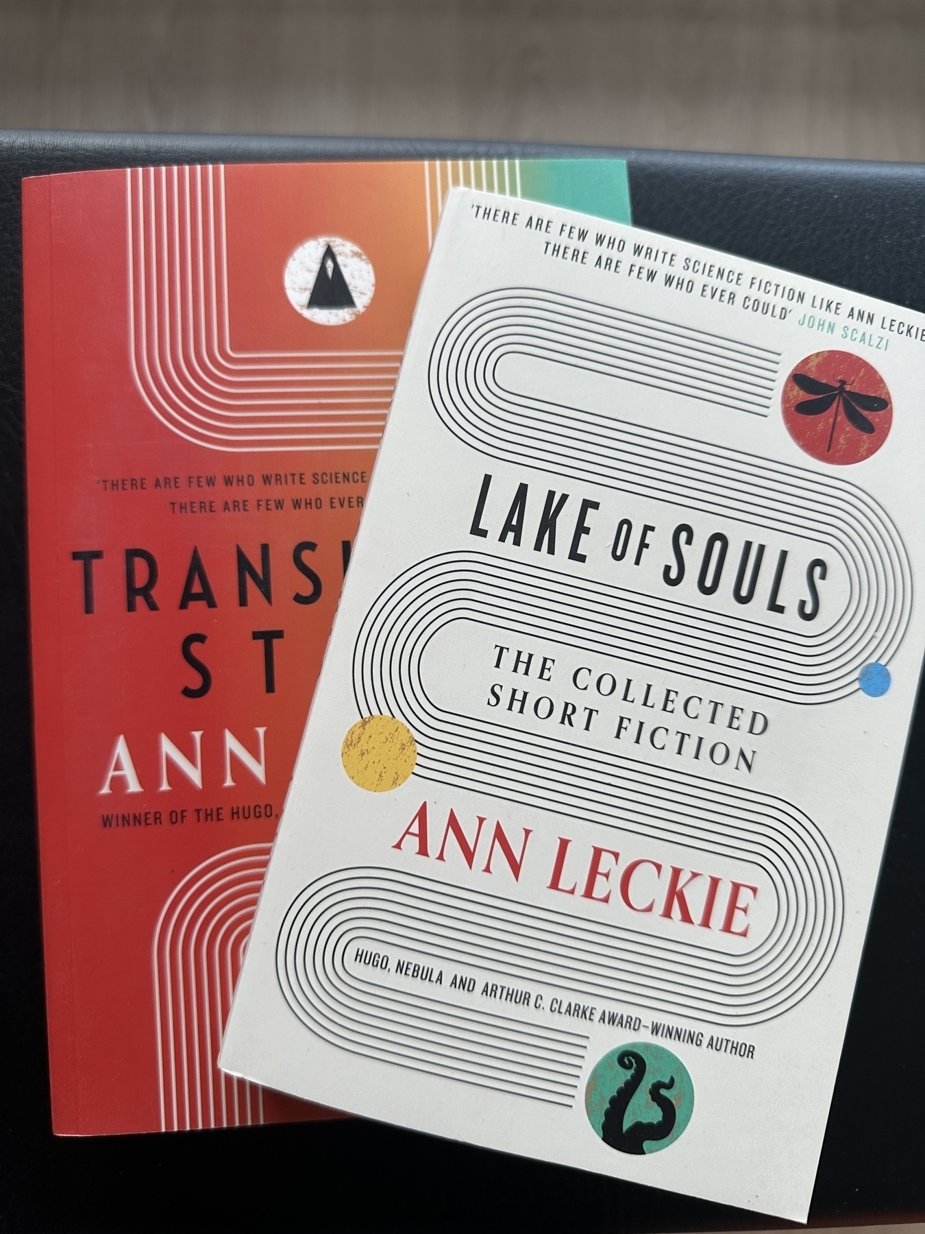 Translation State, Lake of Souls books by Ann Leckie on top of each other on a piano chair