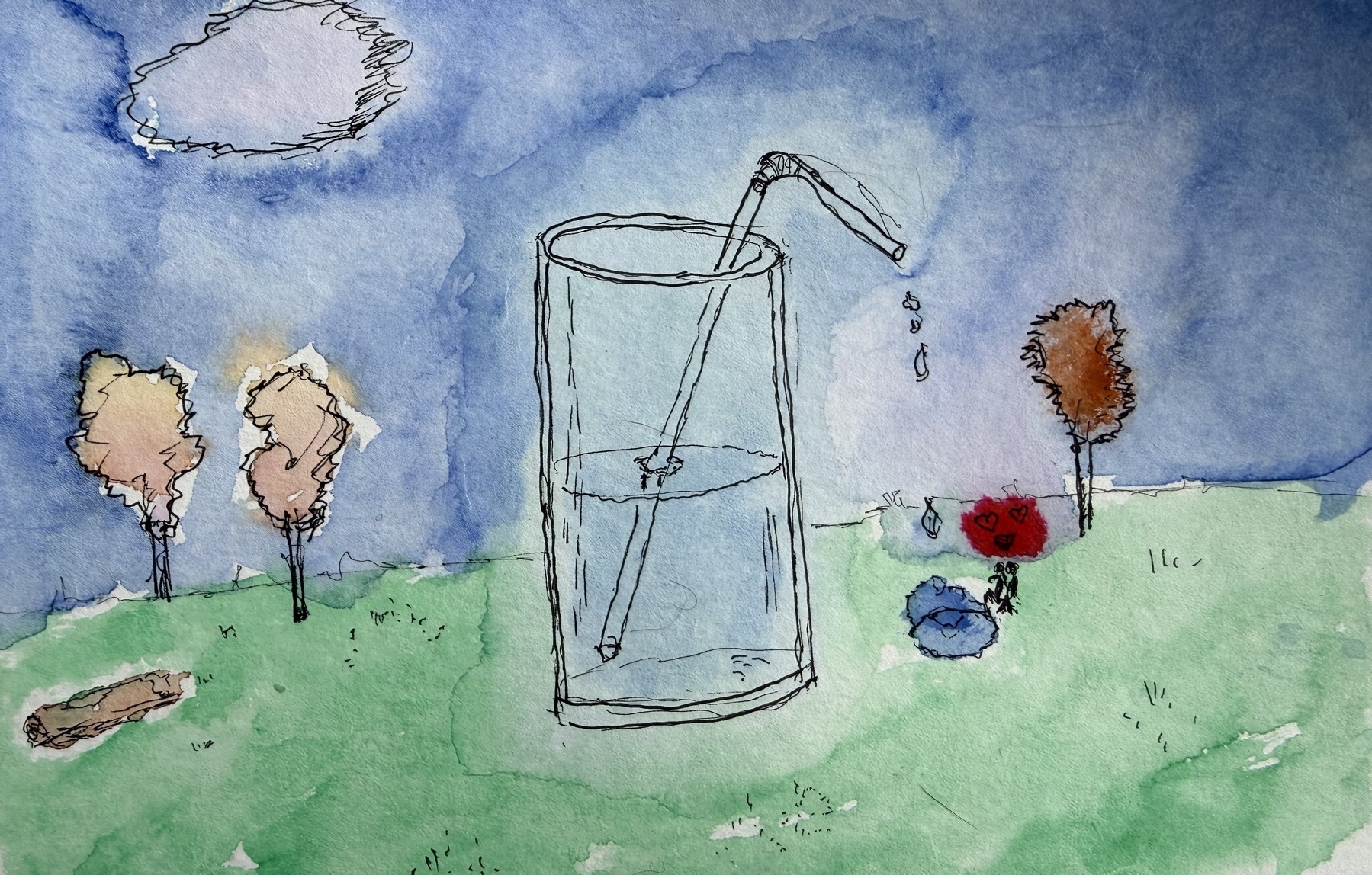 A whimsical watercolor painting depicting a surreal landscape where an oversized glass of water with a bent straw towers over the scene. In the foreground, a couple of small people sit by a pond on the green grass. The background features a blue sky with a pale moon or sun, while scattered across the landscape are small trees in peachy-tan and rust-orange tones, along with red and blue flowers. The artwork has loose pen-and-ink outlines with soft watercolor washes, creating a dreamlike quality through its dramatic scale contrast between the giant glass and the tiny human figures.​​​​​​​​​​​​​​​​