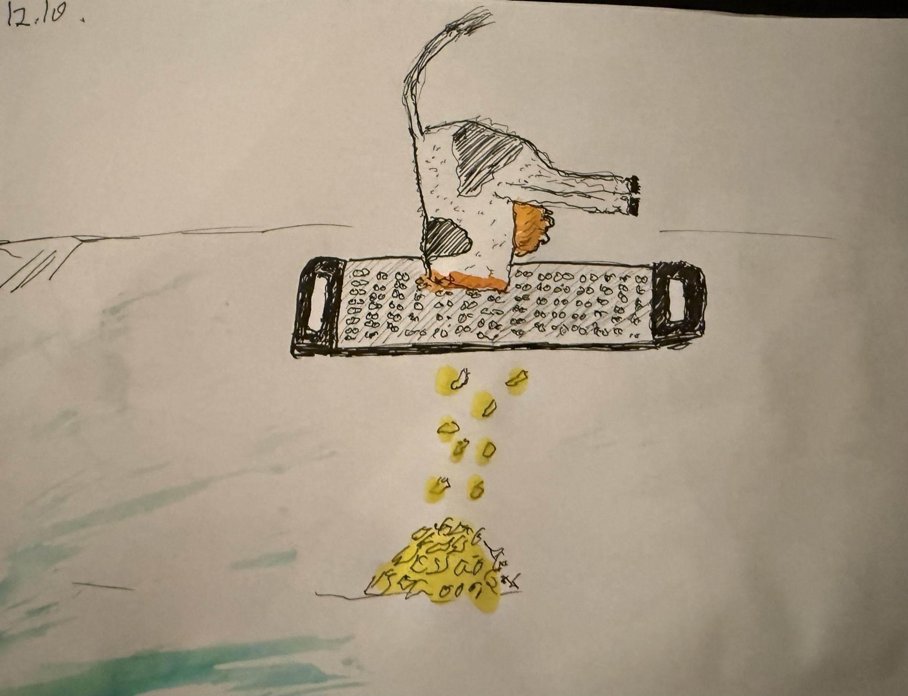 Half of a Holstein Frisian cow put through a cheese shredder. Flakes of shredded cheese coming through&10;&10;Fineliner, water colours on paper that is not meant for water colouring 