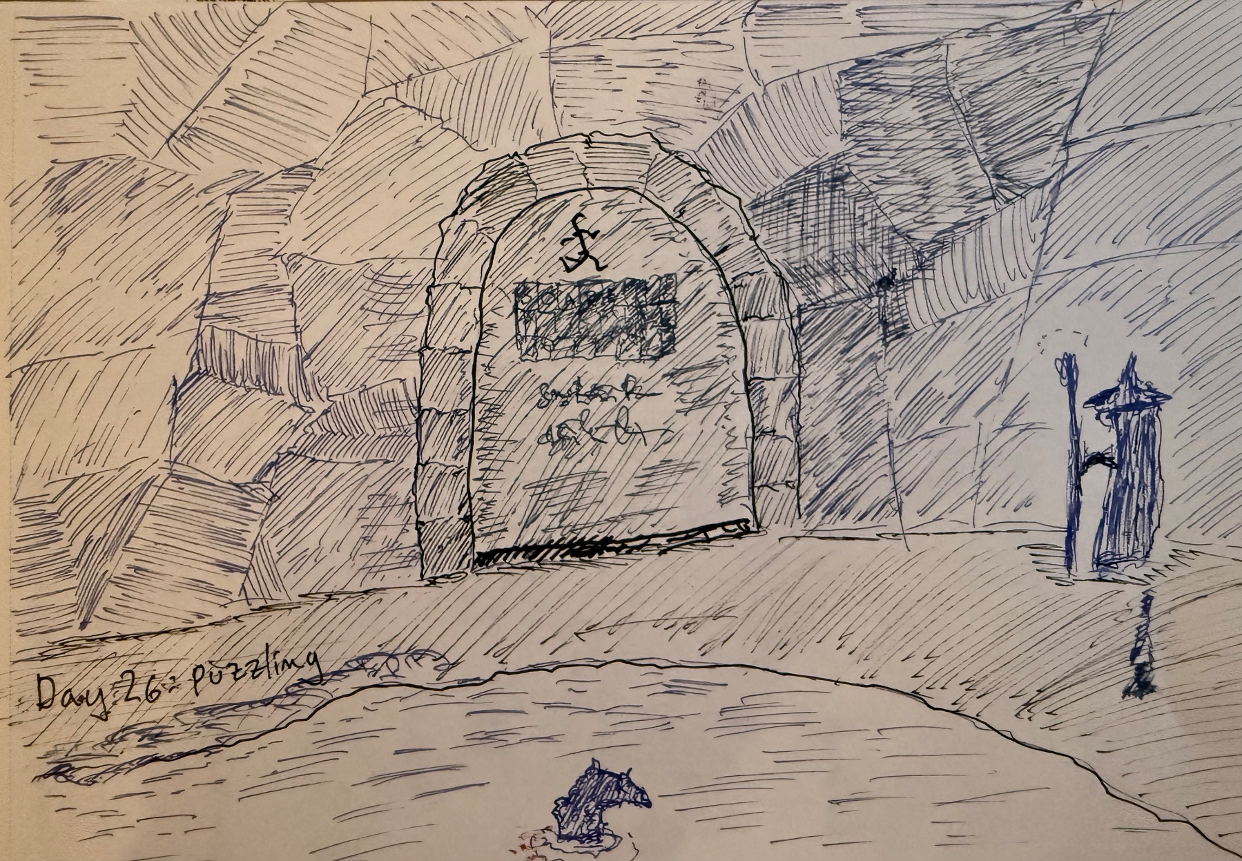 Wall of rock (of a mountain). There is a massive closed door with some runes. By the door there is a wizard thinking of the puzzle that is the door. There is a lake and something peaks through the surface of the water. 