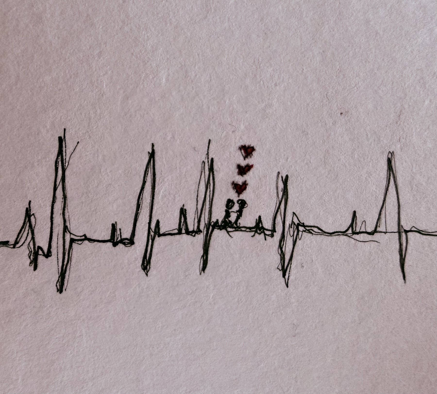 Ragged line of Electrocardiography. Between heartbeats there are two little people holding hands