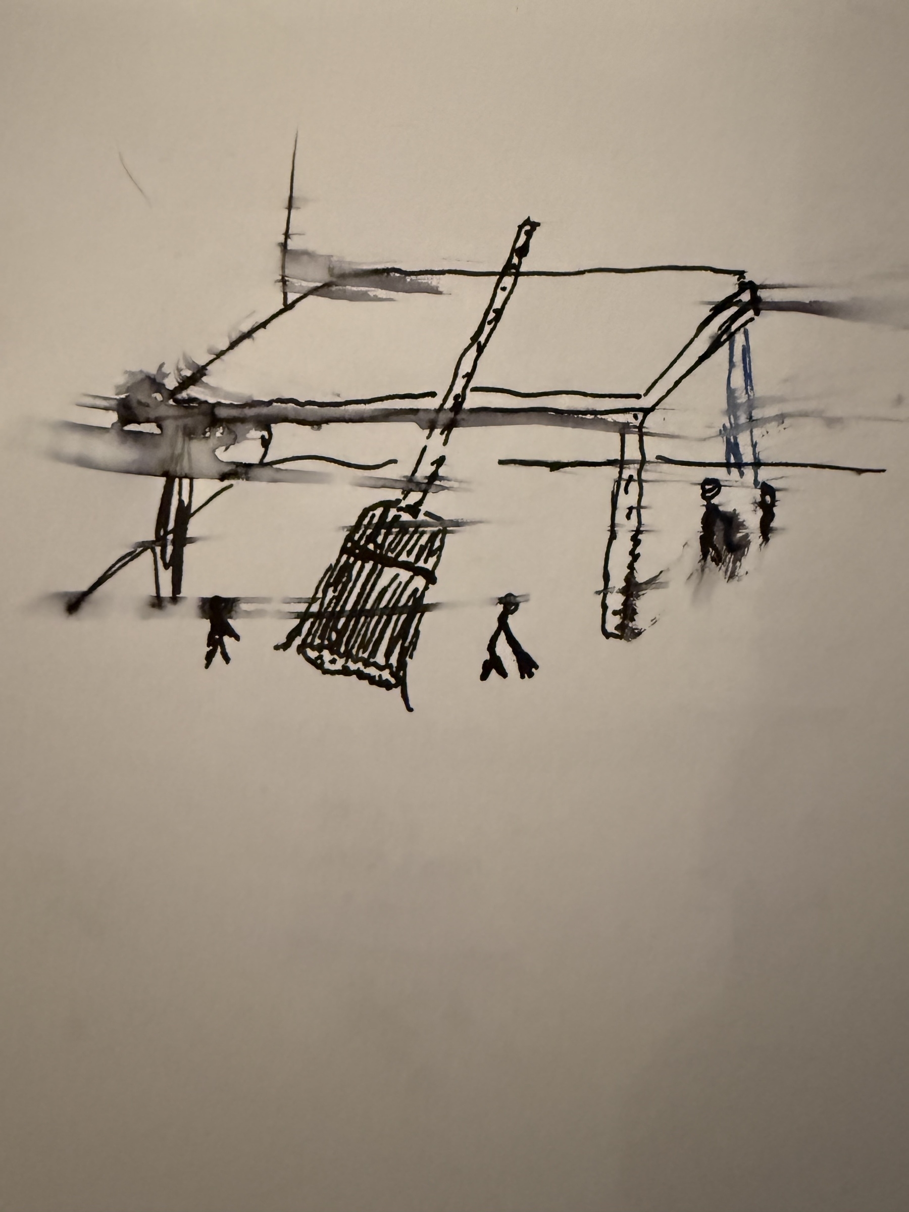 quick draft in ink: a table, a broom leaning on it, some little people doing sweeping and then everything is swept aside by a wet water color brush