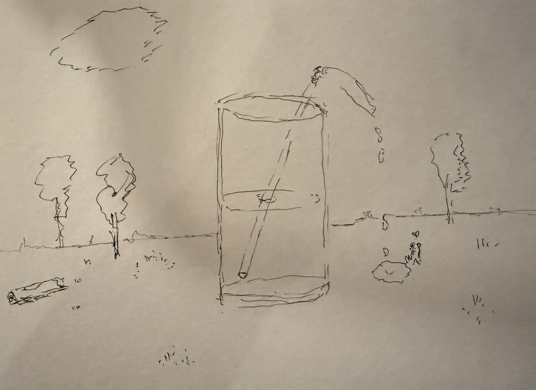 Quick and faint draft of a summer scene: trees, grass, sky. A couple sitting by the pond. Pond is being formed by liquid dropping from a giant straw in a giant drink glass in the middle of the picture