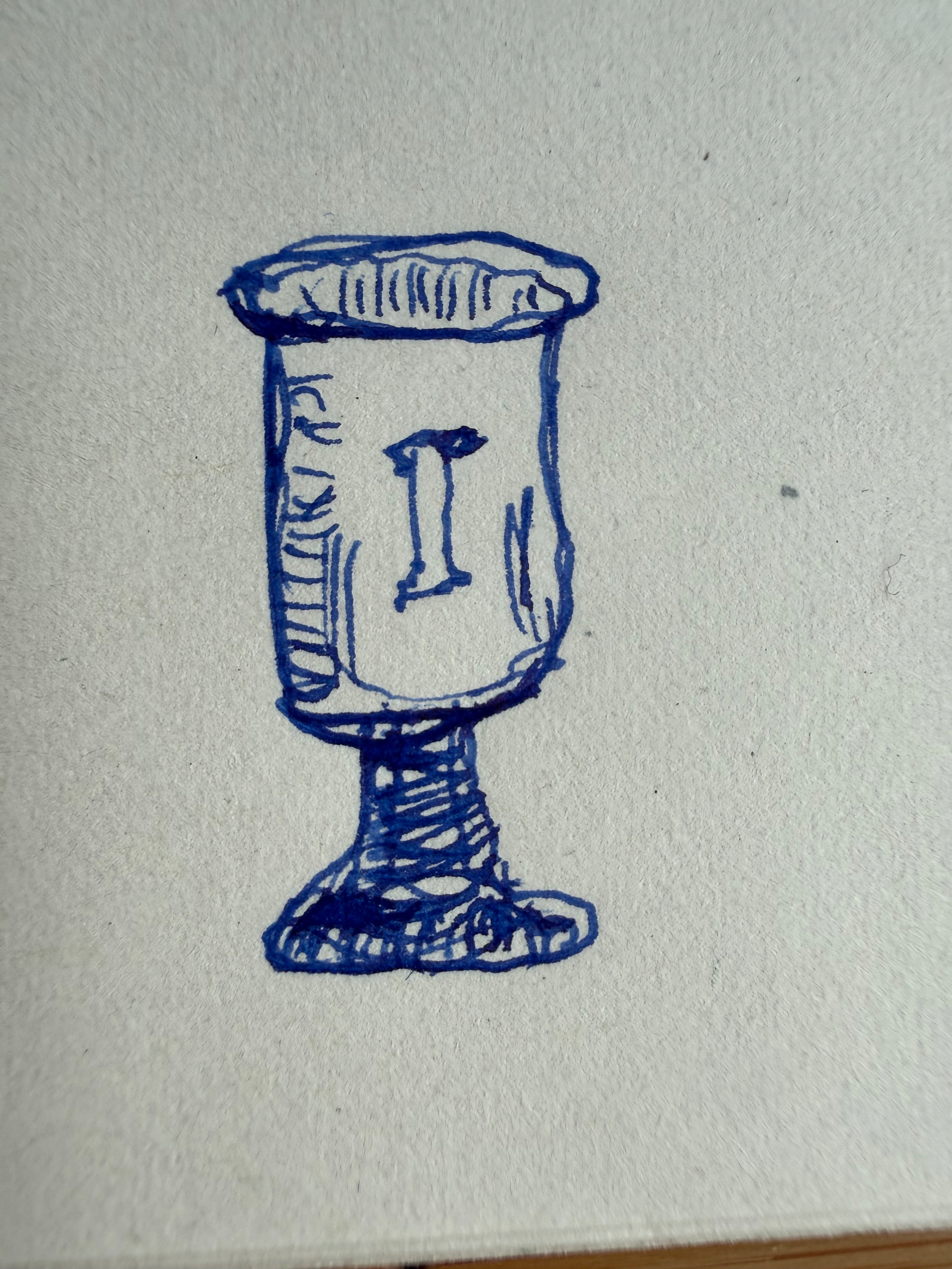 Quick fountain pen draft of a metal cup with embossing of roman numeral I on the side