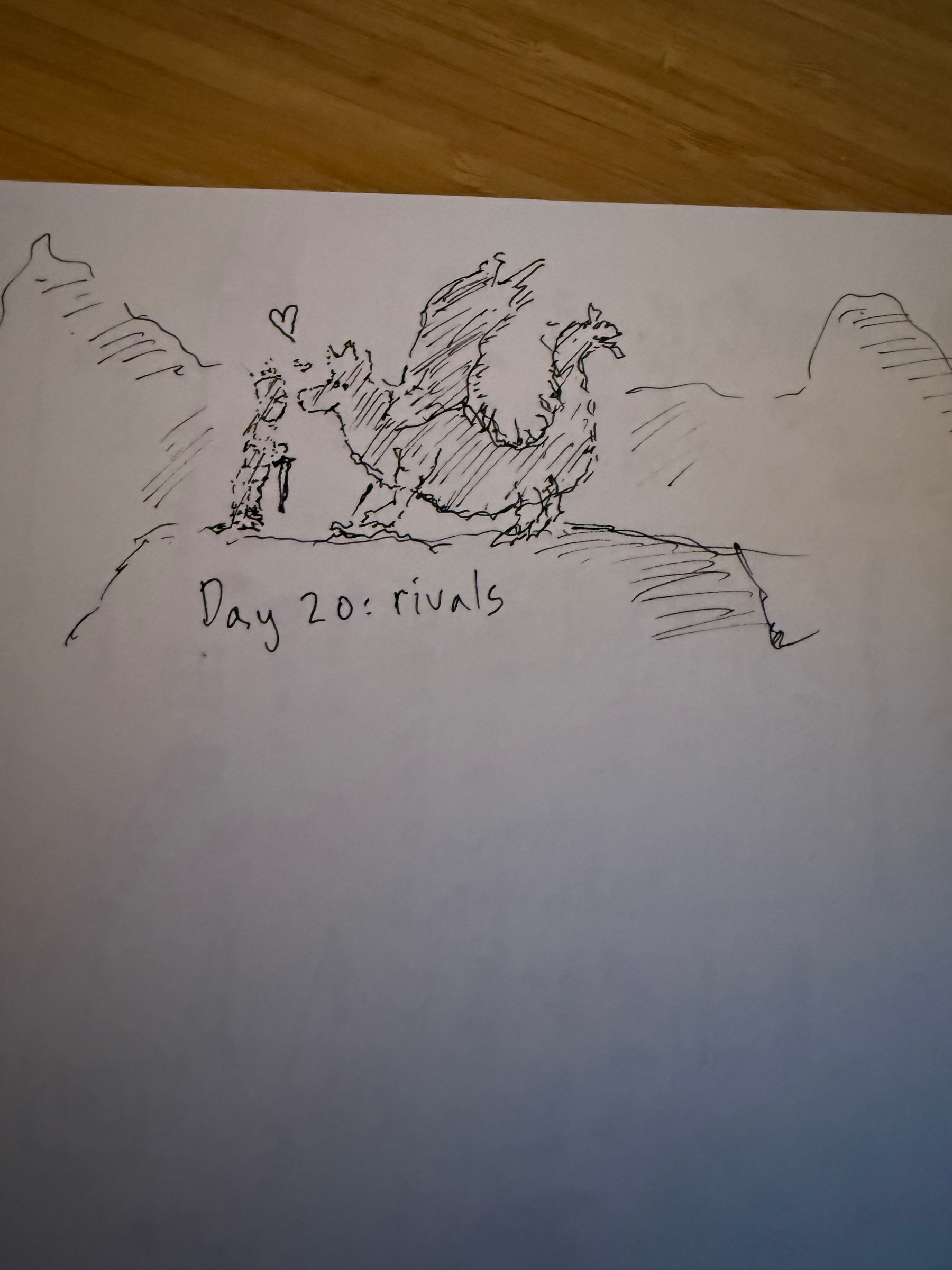 Quick draft fineliner on paper: shock revelation from behind the scenes: knight Sir Dragonhunter kissing the lovely old dragon lady of the fire mountains