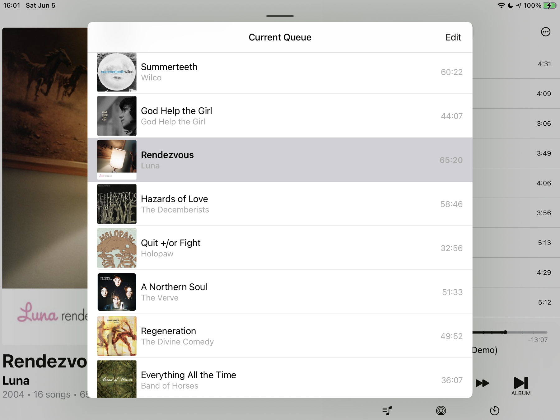 Albums app for iOS showing the queue as... albums. Lovely.