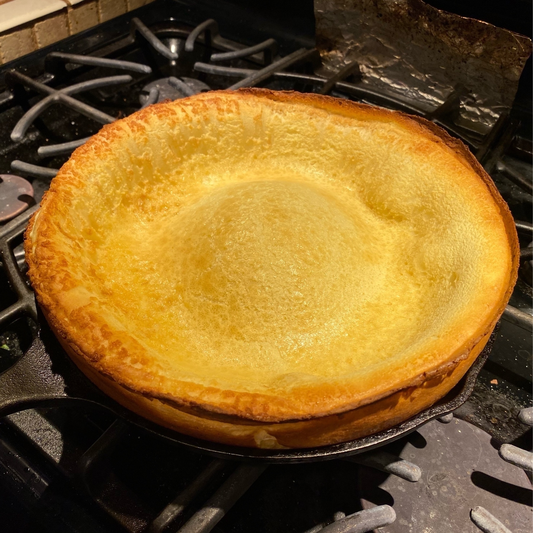 oblique view of symmetrical dutch baby in cast iron