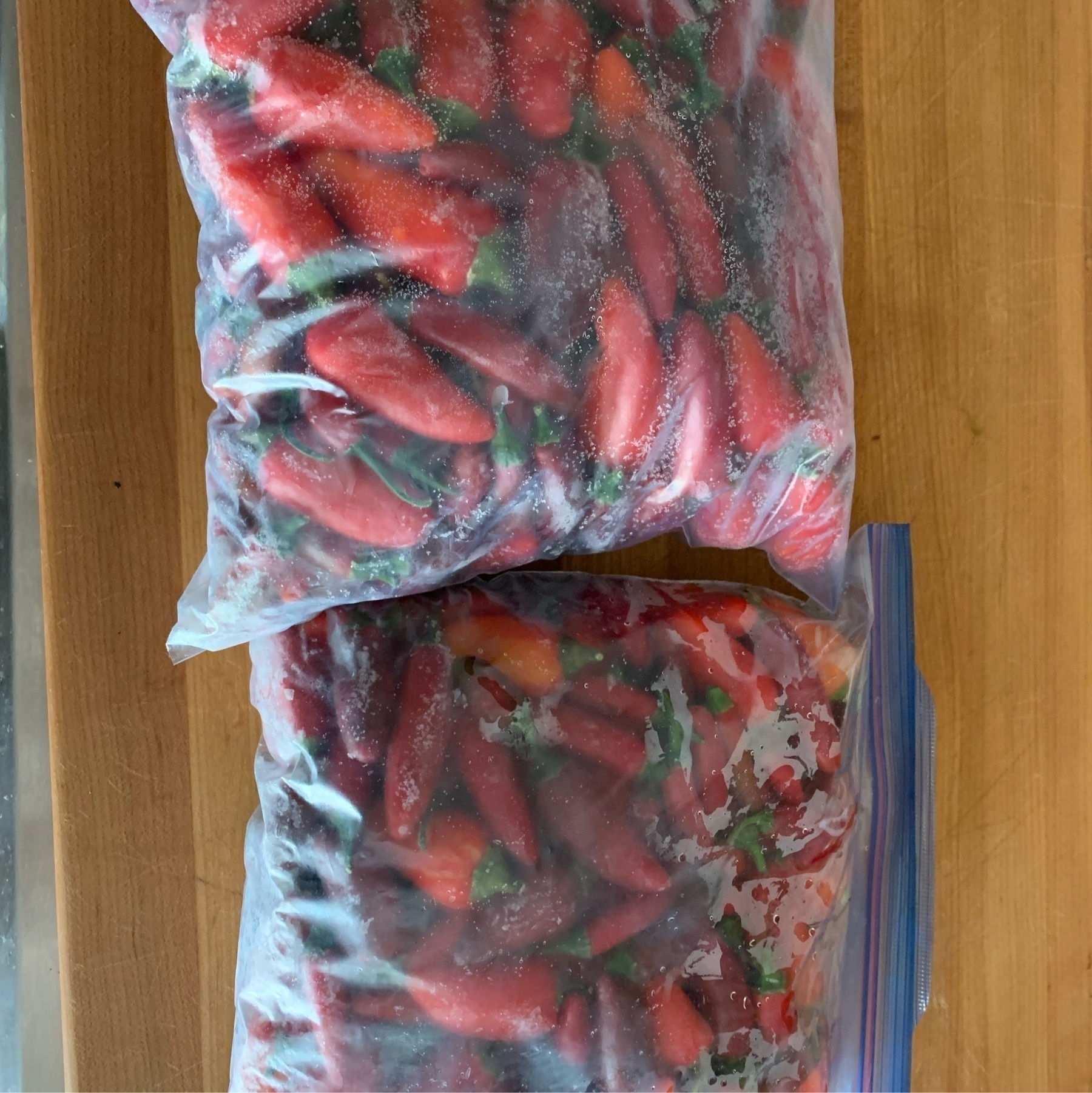 frozen home grown peppers in ziplock bags