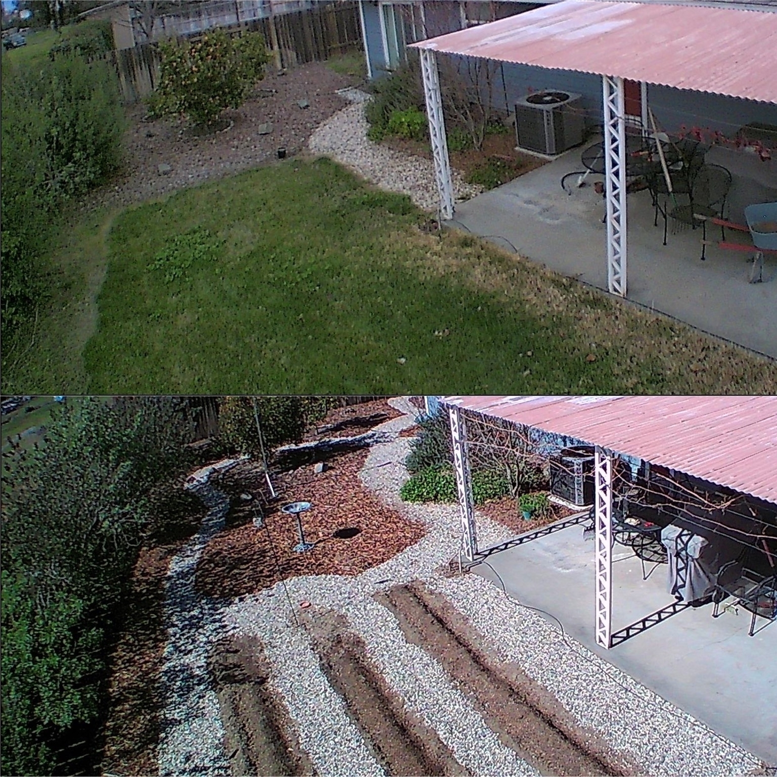 Jan 2020 photo of lawn on top and then a 2021 photo of new garden rows at the bottom